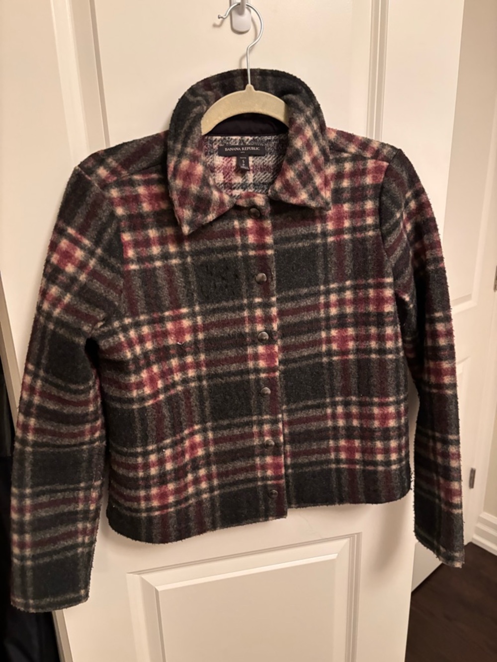 Banana Republic Plaid Button-Front Jean Jacket in Black & Burgundy
